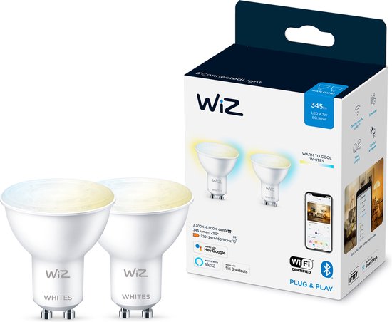 WiZ 2 spots 50W PAR16 GU10, Ampoule intelligente, Blanc, Wi-Fi, GU10, Multicolore, 2700 K