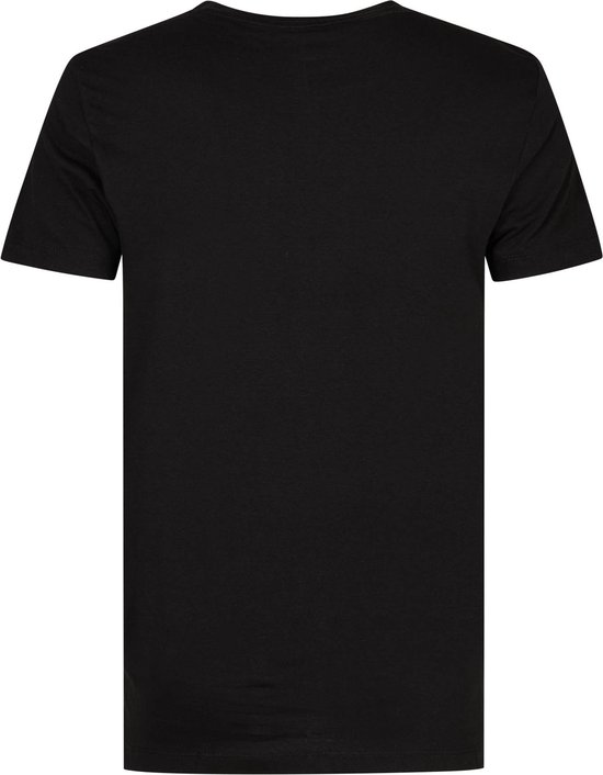 Zwarte T-shirt met korte mouwen en een ronde hals, de achterkant is effen zwart.