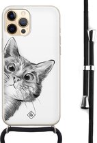 iPhone 12 hoesje met koord - Kiekeboe kat | Apple iPhone 12 crossbody case | Zwart, Transparant | Marmer