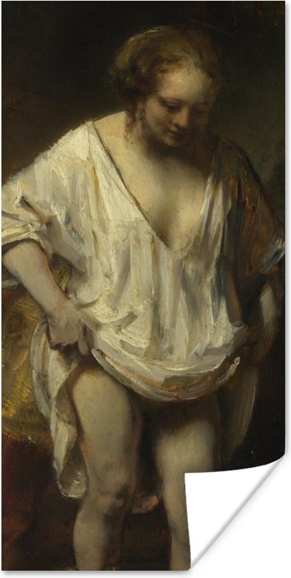 Poster Badende vrouw - Schilderij van Rembrandt van Rijn - 20x40 cm
