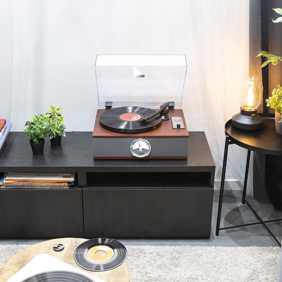 Retro platenspeler op een donkere kast in een woonkamer, met naast de platenspeler planten.