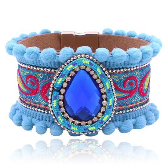 Blauwe leren Ibiza stijl dames armband met magneetsluiting en natuursteen
