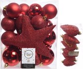 Kerstversiering kunststof kerstballen en hangers rood 5-6-8 cm pakket van 39x stuks - Met ster vorm piek van 19 cm