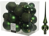 Kerstversiering kunststof kerstballen donkergroen 6-8-10 cm pakket van 27x stuks - Met glans glazen piek van 26 cm
