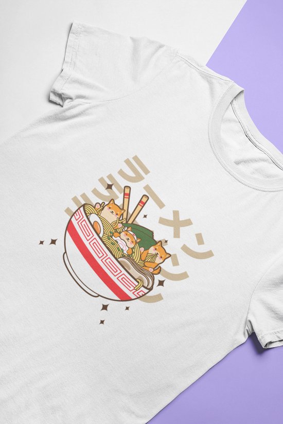 Shiba Inu Ramen Noodles T-Shirt | Japanese Kawaii Food | Anime Merchandise | Unisex Maat M Wit