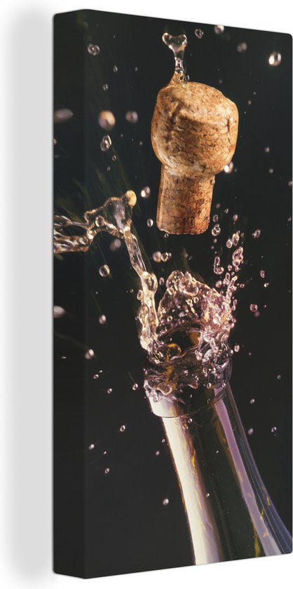 Canvas Schilderij Een kurk die uit een fles champagne schiet - 20x40 cm - Wanddecoratie