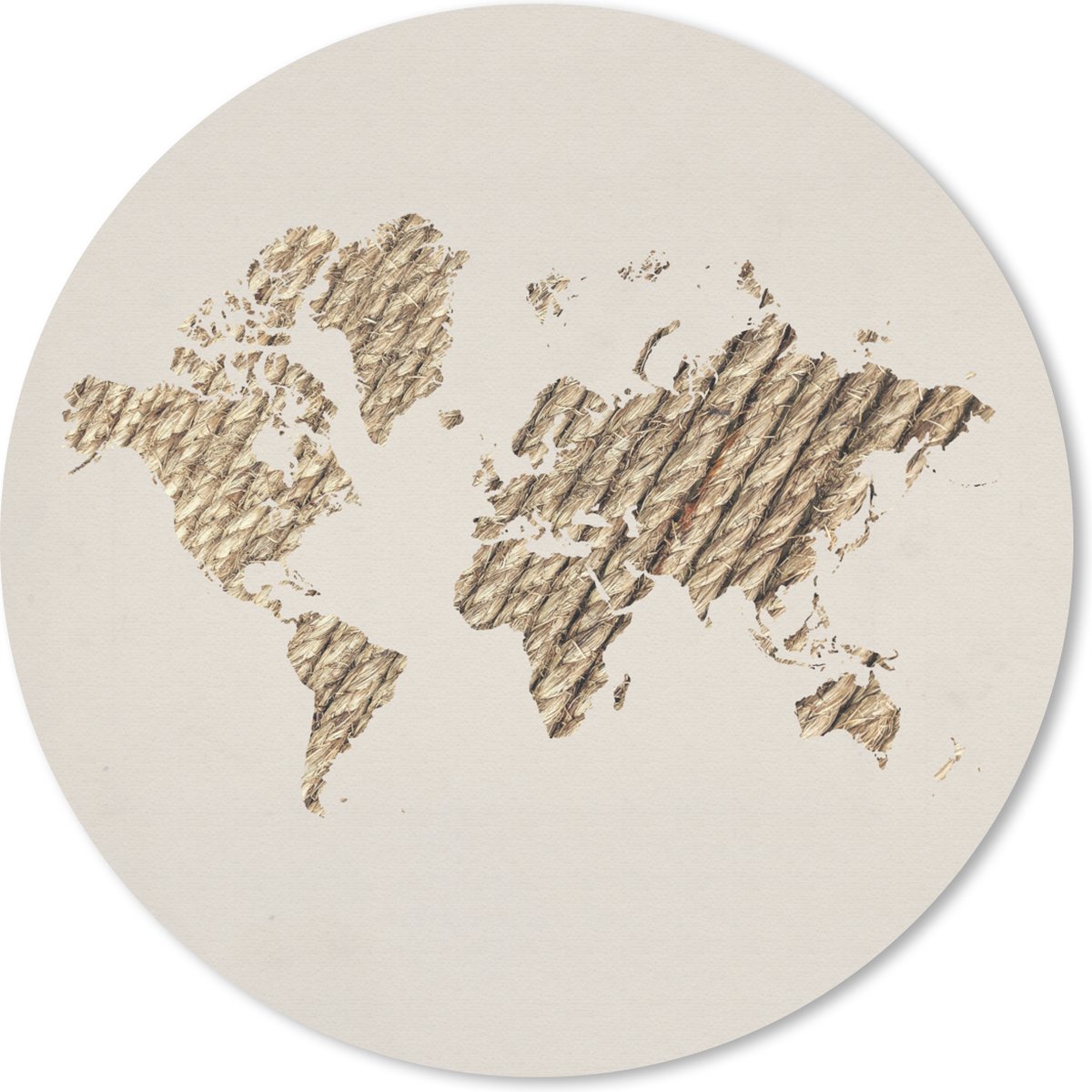 Muismat rond 30x30 cm - Mousepad Wereldkaart - Touw - Beige - Ronde muismatten