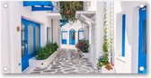Grieks Straatje - Griekenland - Tuinposter 200x100 - Wanddecoratie - Bloemen