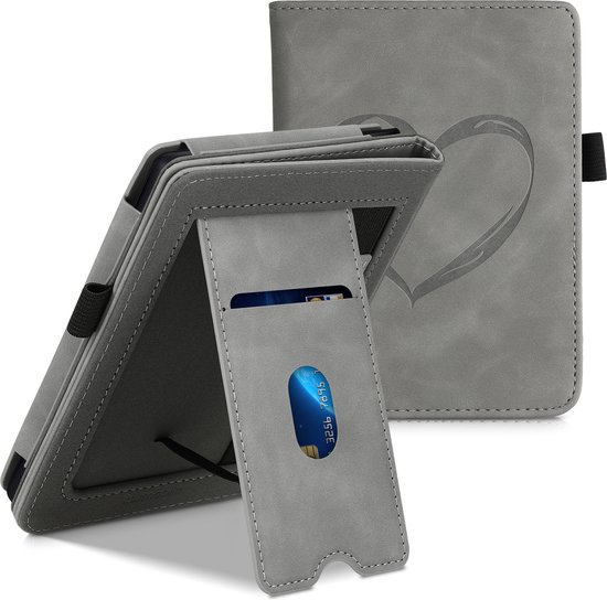 kwmobile e-reader hoesje geschikt voor Tolino Shine 3 hoes - E reader flip case van kunstleer - Ereader cover met stand - Brushed Hart design in grijs van Merkloos — afbeelding 3