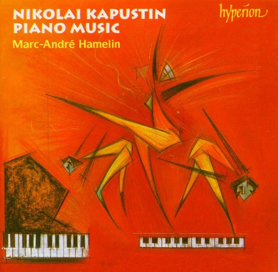 CDhoes met abstracte oranje achtergrond. Titel: Nikolai Kapustin Piano Music door Marc-André Hamelin.