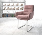 Gestoffeerde-stoel Abelia-Flex met armleuning sledemodel rond roestvrij staal fluweel rosé
