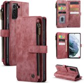 CaseMe - Telefoonhoesje geschikt voor Samsung Galaxy S21 FE - Wallet Book Case met ritssluiting - Magneetsluiting - Rood