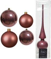 Compleet glazen kerstballen pakket oud roze glans/mat 38x stuks - 18x 4 cm en 20x 6 cm - Inclusief piek glans