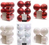 Kerstversiering kunststof kerstballen kleuren mix rood/parelmoer wit 6-8-10 cm pakket van 44x stuks