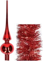Kerstversiering glazen piek glans 26 cm en folieslingers pakket rood van 3x stuks - Kerstboomversiering