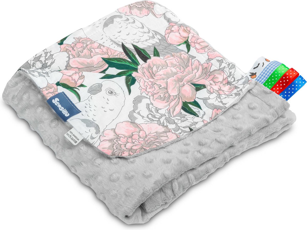 Sensillo Minky Wiegdeken - 75x100 cm - 100% katoen - Flowers Grey - Bloemen Grijs