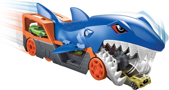 Blauwe Hot Wheels haaienauto transporteur met oranje details. Gele auto wordt opgeslokt.
