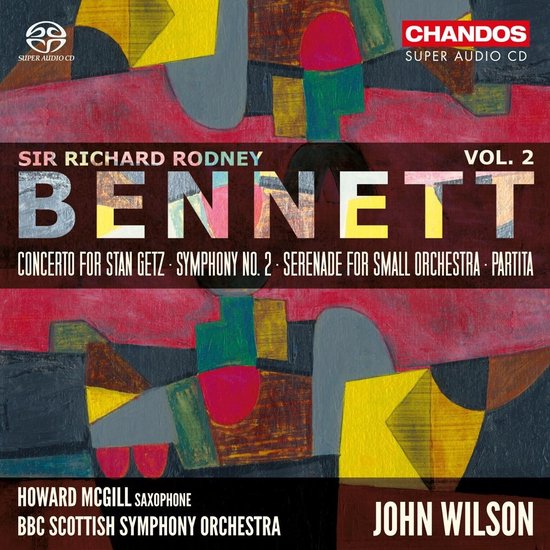 Abstracte albumhoes met tekst van Sir Richard Rodney Bennett, Orchestral Works Vol. 2.