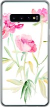 Geschikt voor Samsung Galaxy S10 hoesje - Bloemen - Waterverf - Roze - Siliconen Telefoonhoesje
