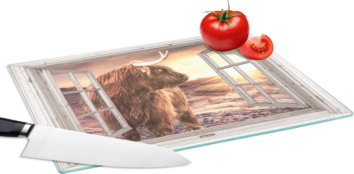Glazen Snijplank - 39x28 - Schotse Hooglander - Landschap - Doorkijk - Snijplanken Glas