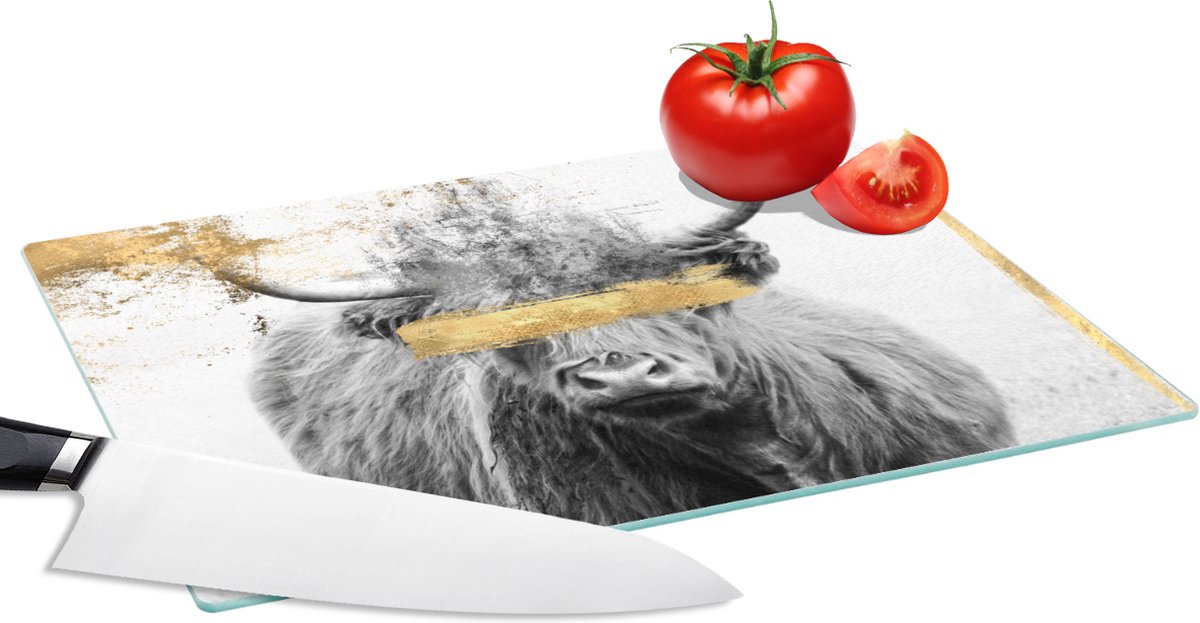 Glazen Snijplank - 28x20 - Schotse hooglander - Goud - Zwart - Wit - Snijplanken Glas