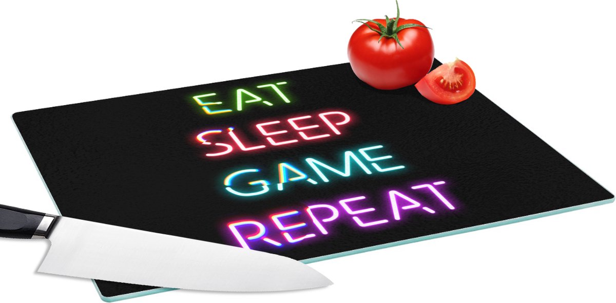 Glazen Snijplank - 39x28 - Gaming - Led - Quote - Eat sleep game repeat - Gamen - Snijplanken Glas