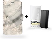 Apple iPhone 7 Telefoonhoesje - Portemonneehoesje - Met pasjeshouder - Met Marmerprint - Marmer - Wit + Apple iPhone 7 Screenprotector - Beschermglas - Helder - Sterk - Gehard Glas -  1 stuk