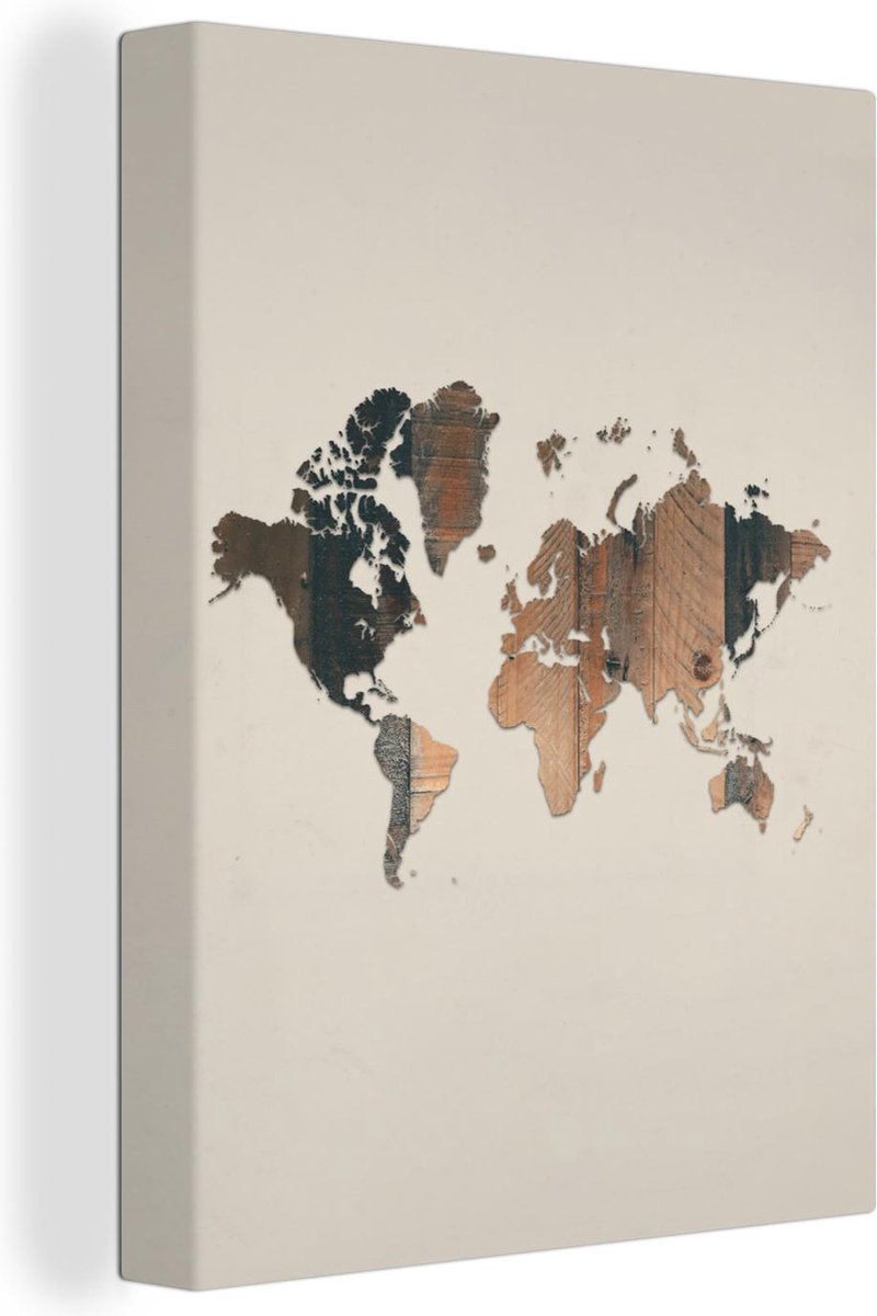 Afbeelding van product OneMillionCanvasses  Wanddecoratie Wereldkaart - Hout - Bruin - Canvas - 90x120 cm
