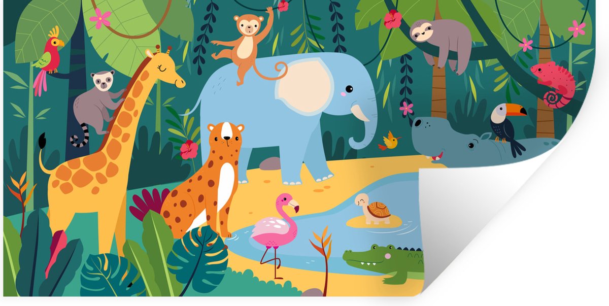 Muurstickers - Sticker Folie - Jungle - Kinderen - Dieren - 160x80 cm - Plakfolie - Muurstickers Kinderkamer - Zelfklevend Behang - Zelfklevend behangpapier - Stickerfolie