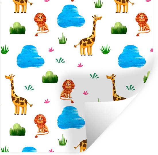 Muurstickers - Sticker Folie - Giraf - Leeuw - Jungle - Design - 120x120 cm - Plakfolie - Muurstickers Kinderkamer - Zelfklevend Behang XXL - Zelfklevend behangpapier - Stickerfolie