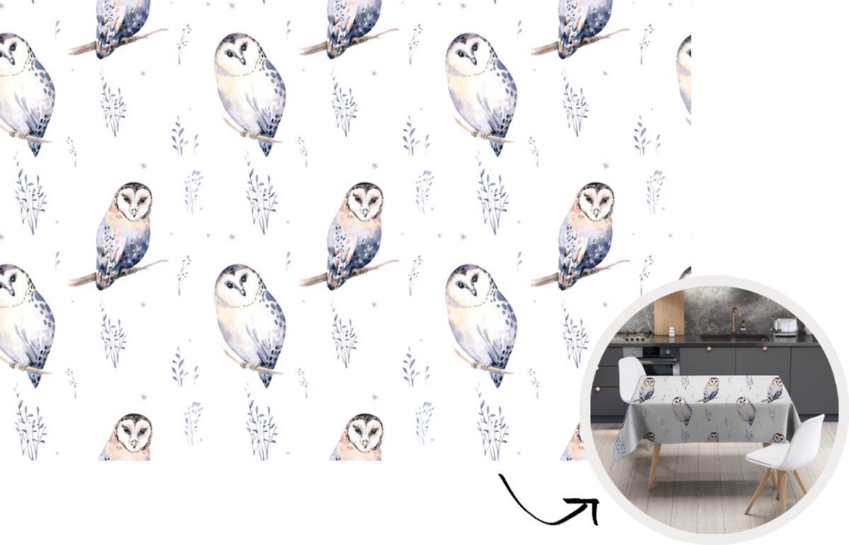 Tafelkleed - Tafellaken - 200x130 cm - Winter - Uil - Wit - Binnen en Buiten