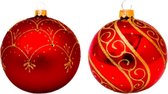 Chique, Rode, Kerstballen met Gouden Glitter Decoratie - Doosje van zes glazen kerstballen van 8 cm