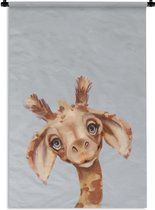 Wandkleed - Wanddoek - Giraf - Grijs - Portret - 90x135 cm - Wandtapijt