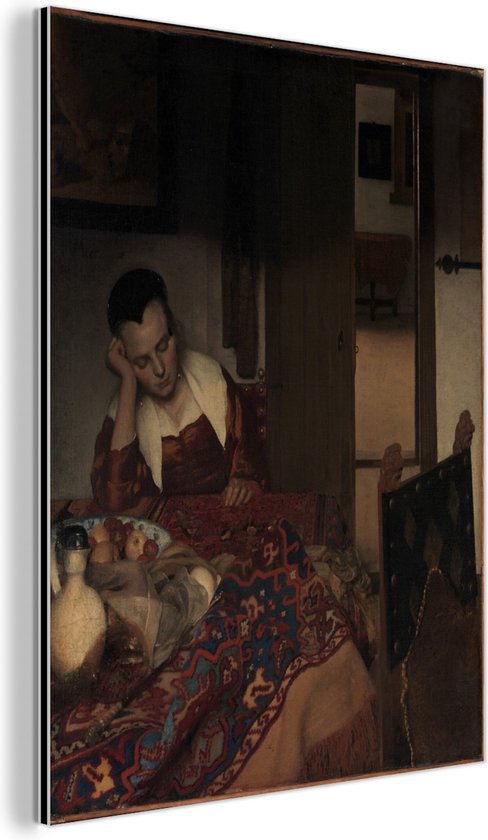 Fille endormie - Peinture de Johannes Vermeer Aluminium 120x160 cm - Tirage photo sur Aluminium (décoration murale métal) XXL / Groot format!