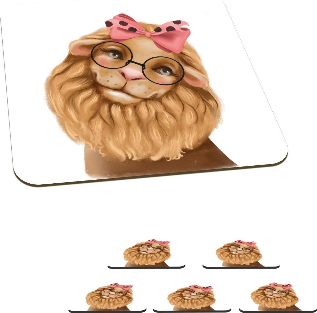 Onderzetters voor glazen - Leeuw - Strik - Kinderen - 10x10 cm - Glasonderzetters - 6 stuks