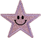 Smiley Ster Strijk Embleem Patch Glitter Licht Roze 9 cm / 9 cm / Roze Zwart