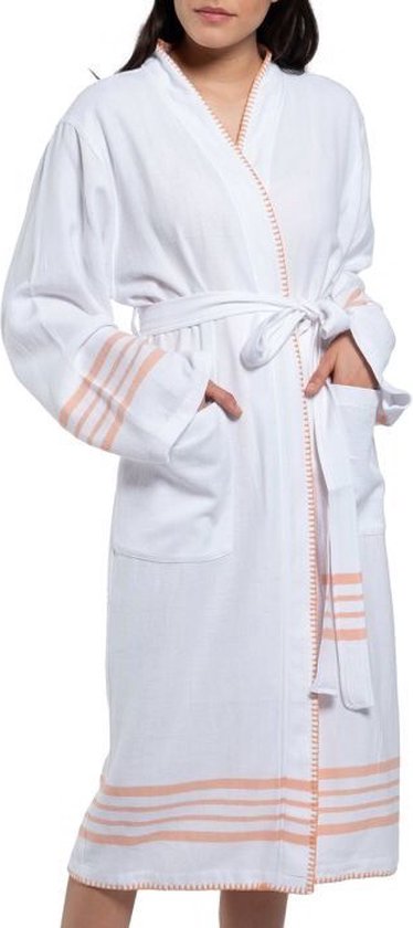 Badjas Hammam Krem Sultan Kimono Melon White - M - unisexe - qualité hôtelière - peignoir sauna - peignoir luxe - peignoir fin été - robe de chambre