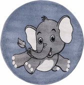 Candy Olifant Rond Vloerkleed Kinderkamer Blauw / Grijs Laagpolig- 120CM Rond.