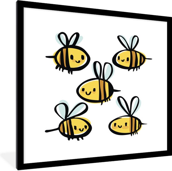 Fotolijst incl. Poster - Een illustratie van vijf bijen - 40x40 cm - Posterlijst