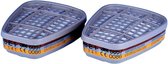 Twee ABE1 3M 6057 gasfilters, beide met een grijs rooster, witte filters en gele, rode en bruine banden aan de zijkant.