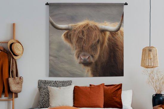 Tenture murale - Tissu mural - Highlander écossais - Cornes - Cheveux - 120x120 cm - Tapisserie