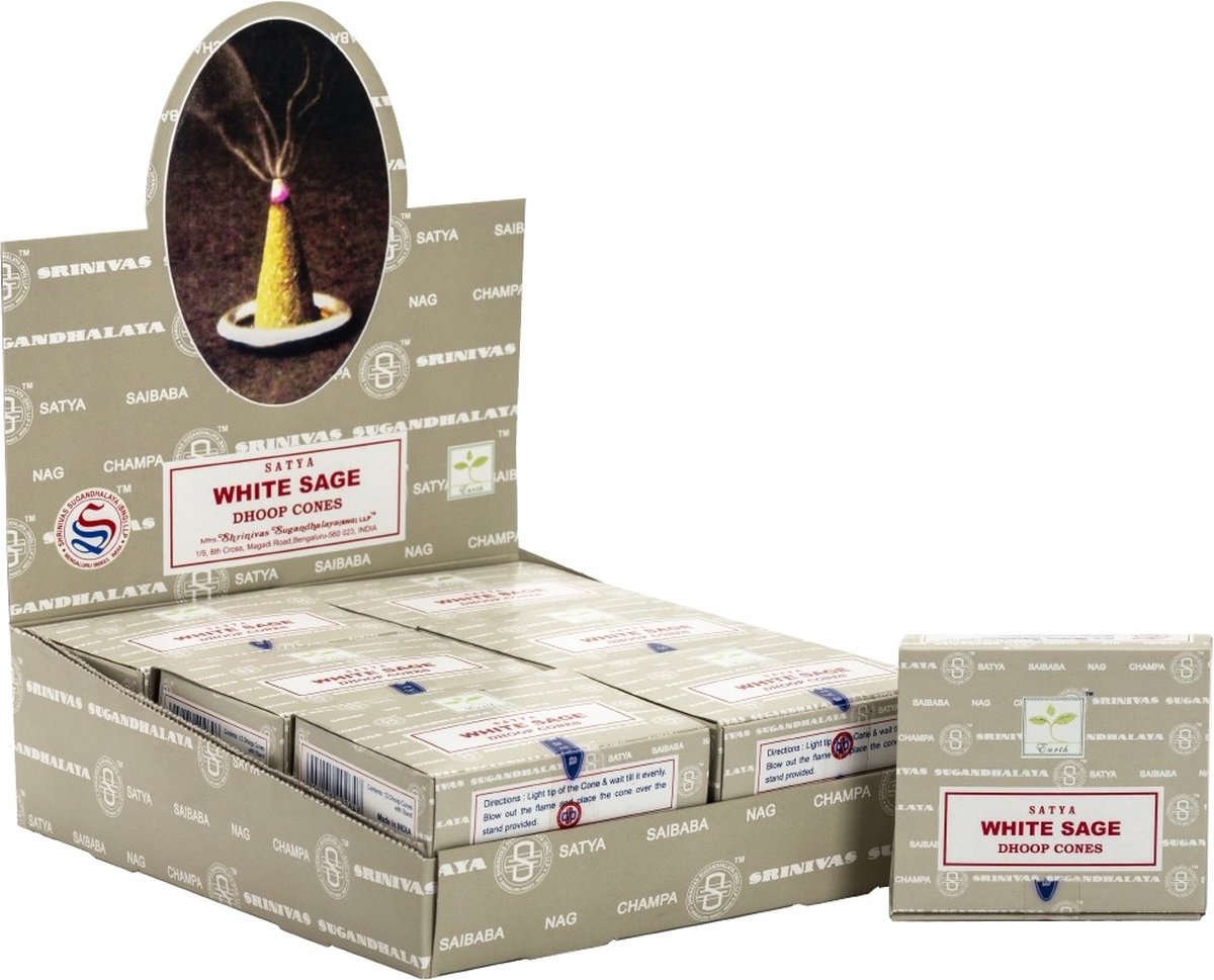 Satya wierookkegels - white sage - witte salie - wierook kegels - dhoop kegels - doos 12 pakjes
