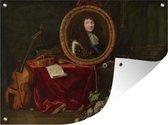 Tuinschilderij Portrait de Louis XIV entouré des arts et des sciences - schilderij van Claude Lefèbvre - 80x60 cm - Tuinposter - Tuindoek - Buitenposter