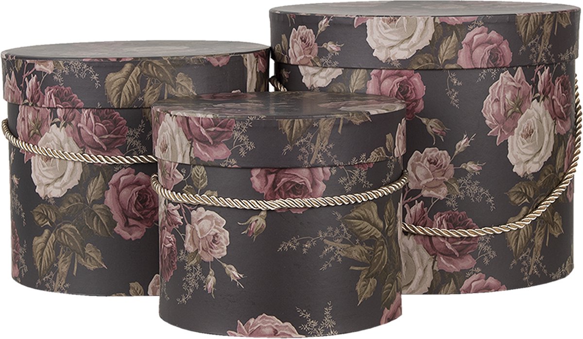 Clayre & Eef Hoedendoos Set van 3 Ø 23x20 cm Zwart Roze Karton Bloemen