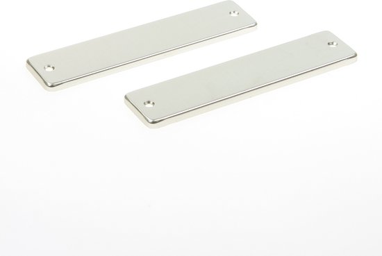 Twee rechthoekige, zilverkleurige deurschilden met afgeronde hoeken, elk met twee schroefgaten.