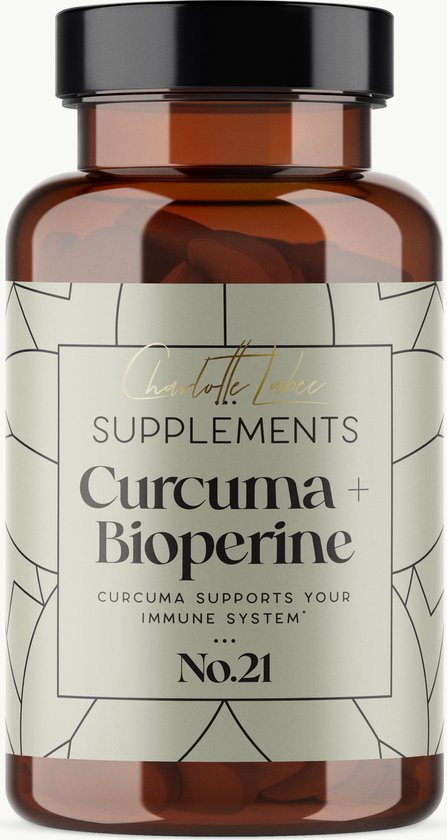 Amberkleurige pot met zwart deksel, met label 'Curcuma + Bioperine'.
