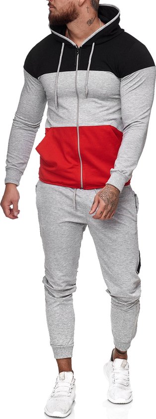 Heren joggingpak grijs - zwart - rood - 1083