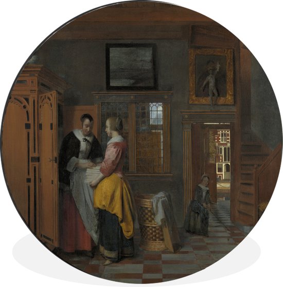 WallCircle - Wandcirkel - Muurcirkel - Binnenhuis met vrouwen bij een linnenkast - Schilderij van Pieter de Hooch - Aluminium - Dibond - ⌀ 120 cm - Binnen en Buiten XXL