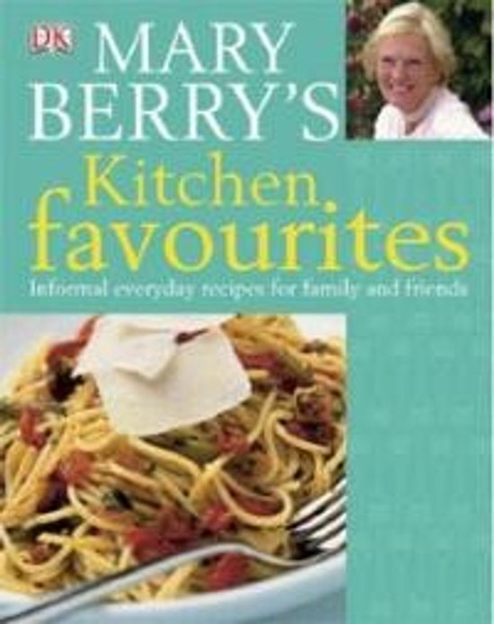Boek 'Mary Berry's Kitchen Favourites' met een foto van Mary Berry en een bord spaghetti.