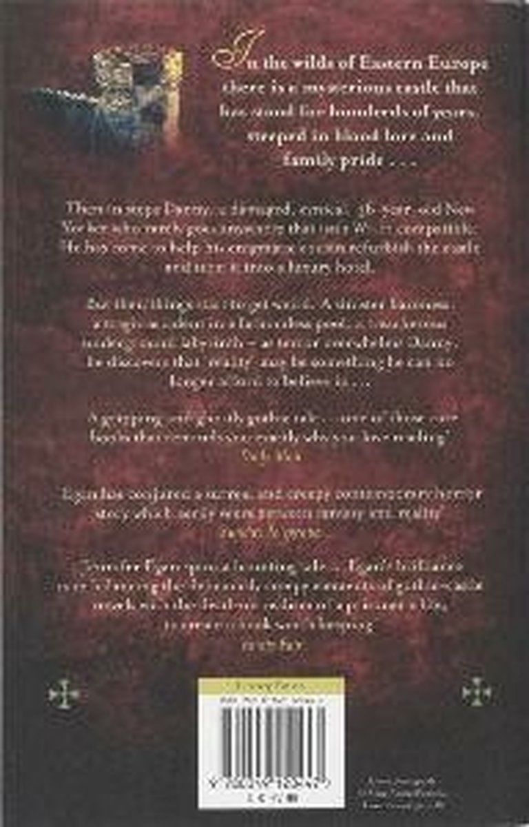 Achterkant van het boek 'The KEEP' van Jennifer Egan, met tekst en een afbeelding van een kasteel.